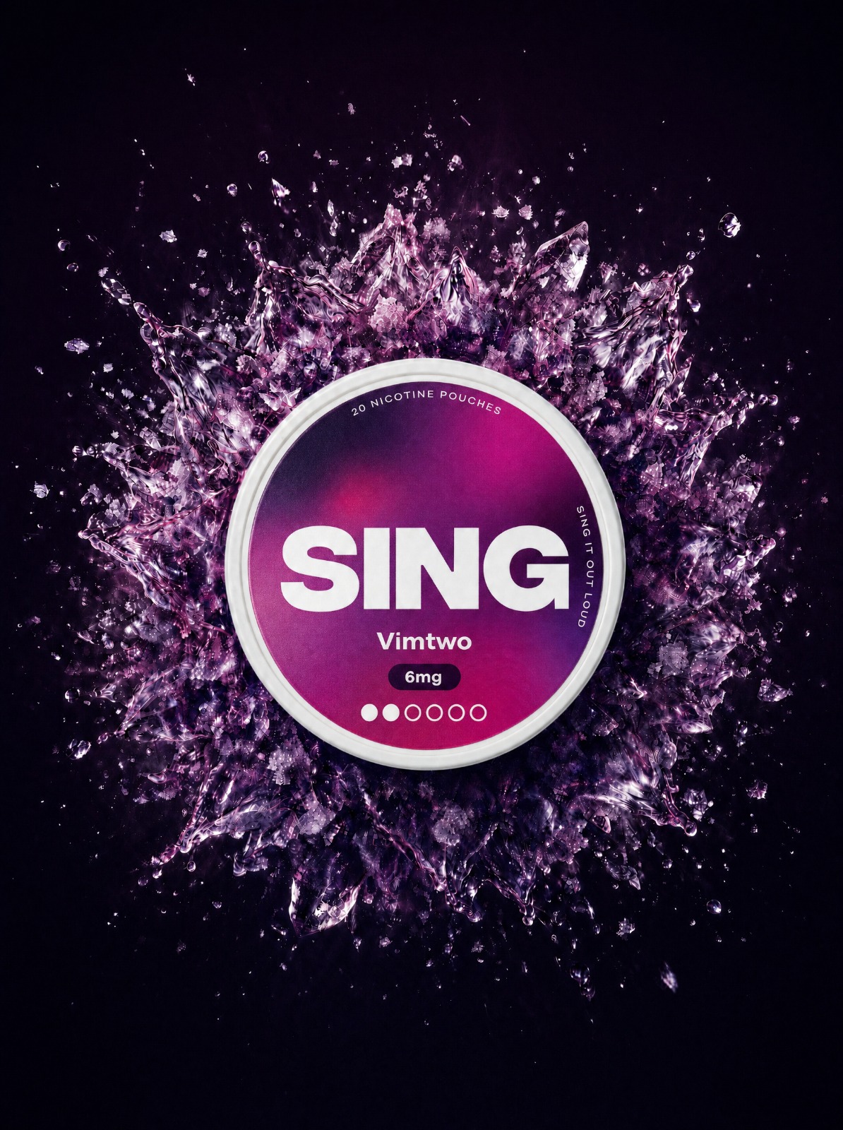 SING Vimtwo nicotine pouch tin with a berry splash background